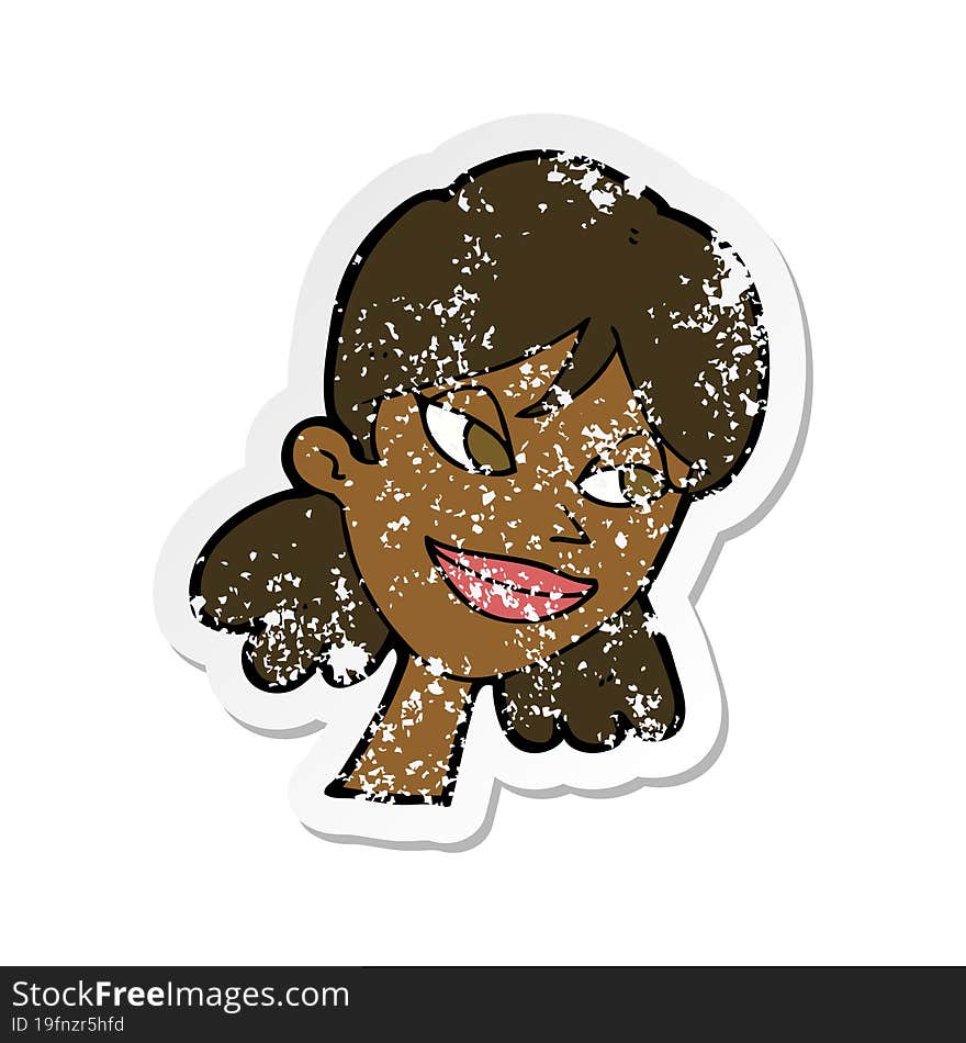 retro distressed sticker of a cartoon happy female face