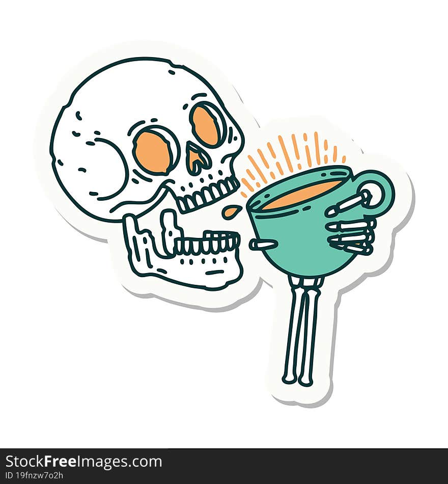 tattoo style sticker of a skull drinking coffee