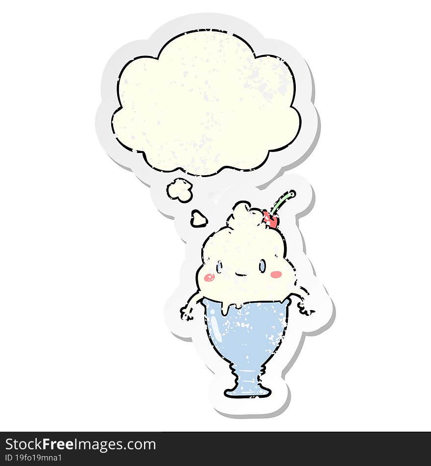 cute cartoon ice cream and thought bubble as a distressed worn sticker