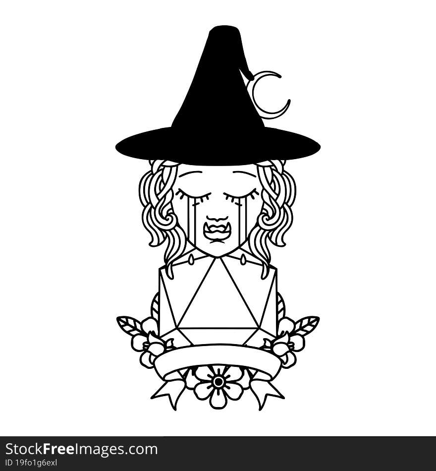 Black and White Tattoo linework Style crying half orc witch character with natural one roll. Black and White Tattoo linework Style crying half orc witch character with natural one roll