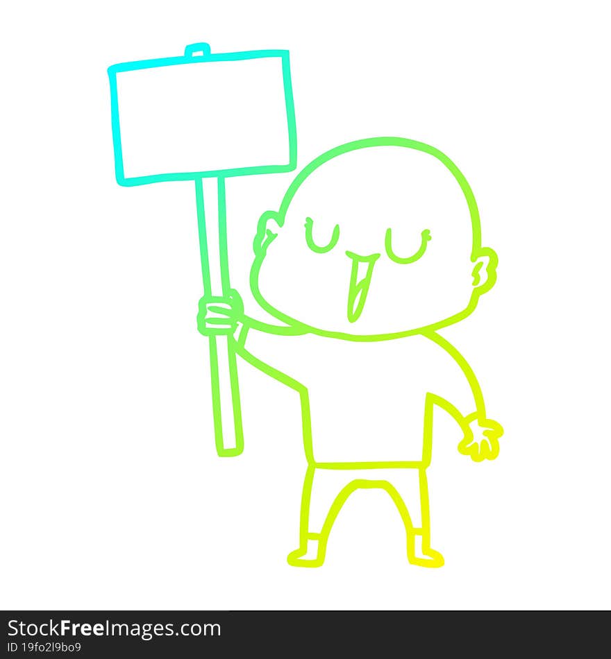 Cold Gradient Line Drawing Happy Cartoon Bald Man With Sign