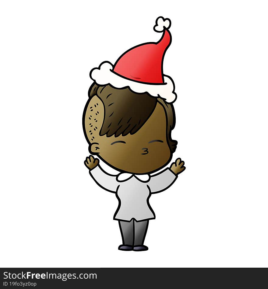 gradient cartoon of a squinting girl wearing santa hat