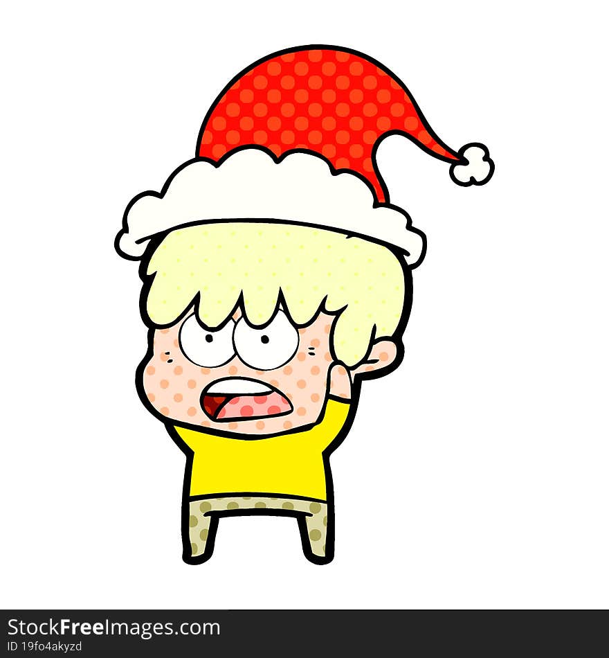 worried comic book style illustration of a boy wearing santa hat