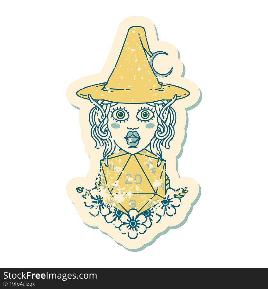 elf mage character with natural twenty dice roll illustration