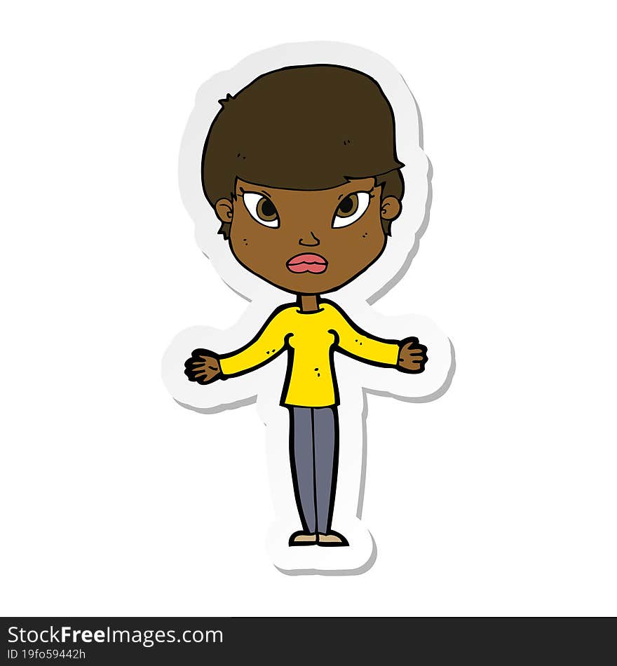 sticker of a cartoon woman shrugging shoulders