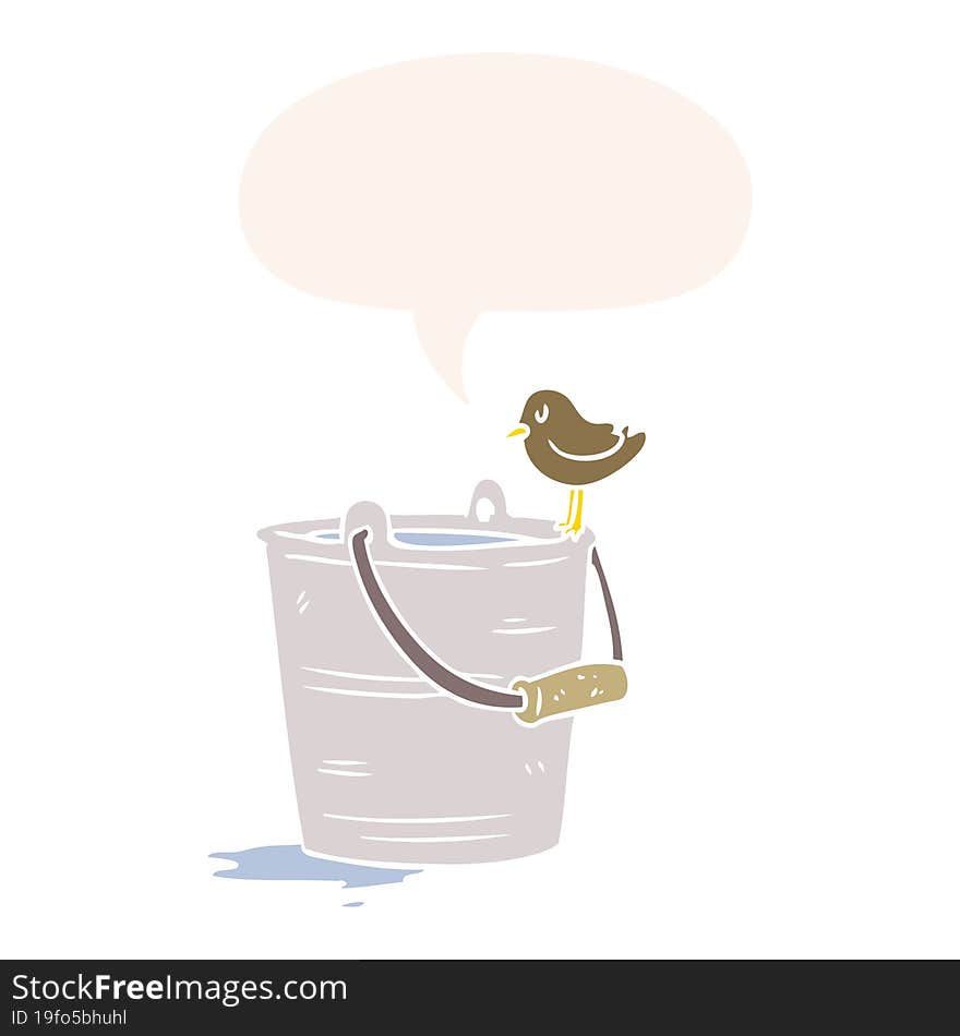 cartoon bird looking into bucket of water and speech bubble in retro style