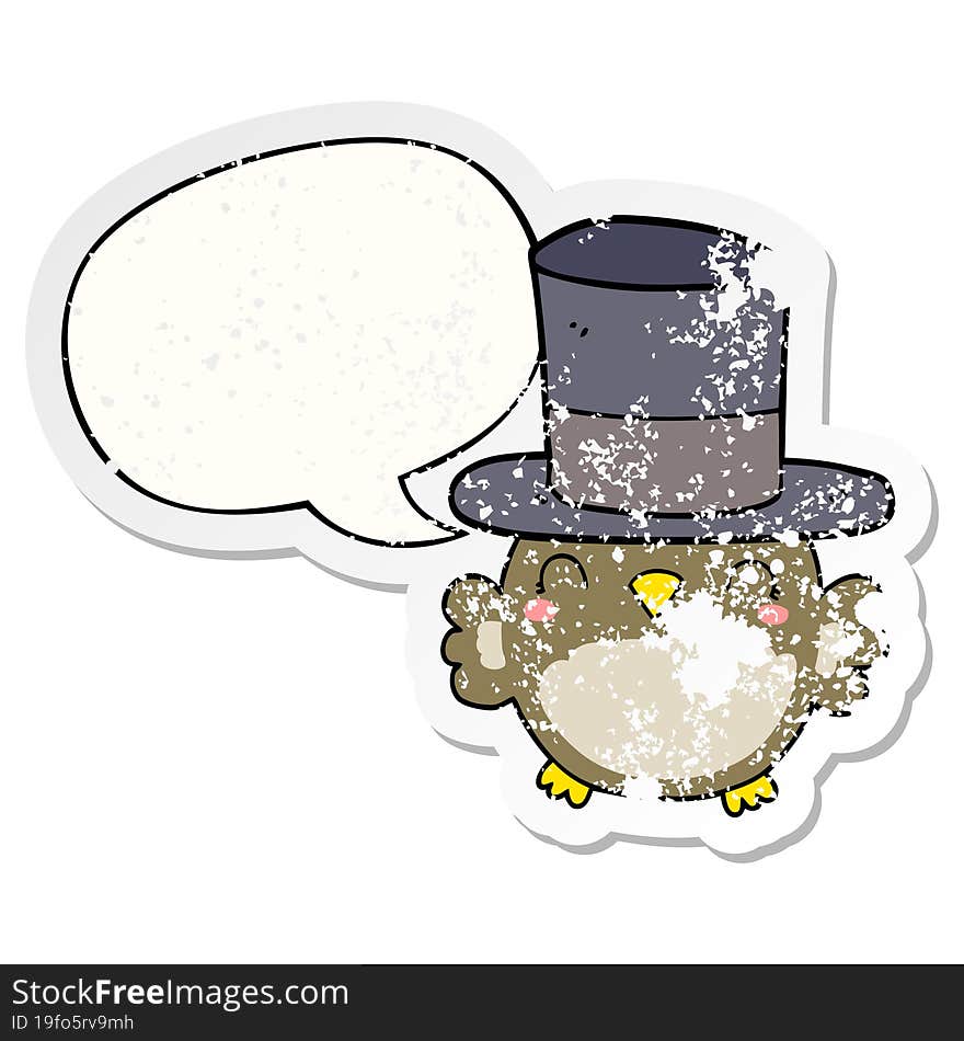 cartoon owl wearing top hat and speech bubble distressed sticker