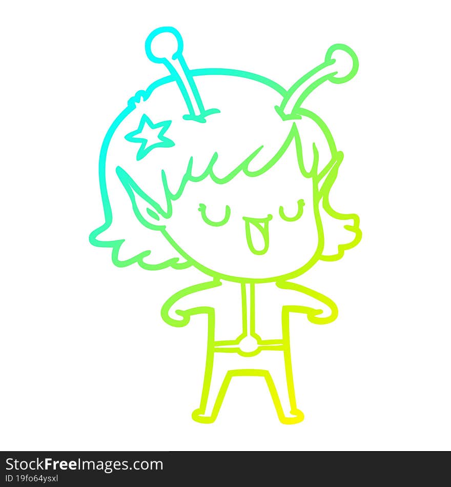 Cold Gradient Line Drawing Happy Alien Girl Cartoon