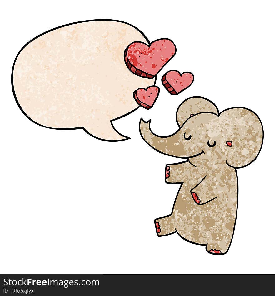 Cartoon Elephant And Love Hearts And Speech Bubble In Retro Texture Style