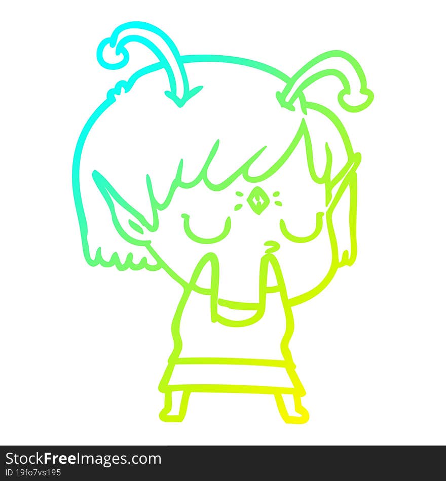 cold gradient line drawing of a cartoon alien girl