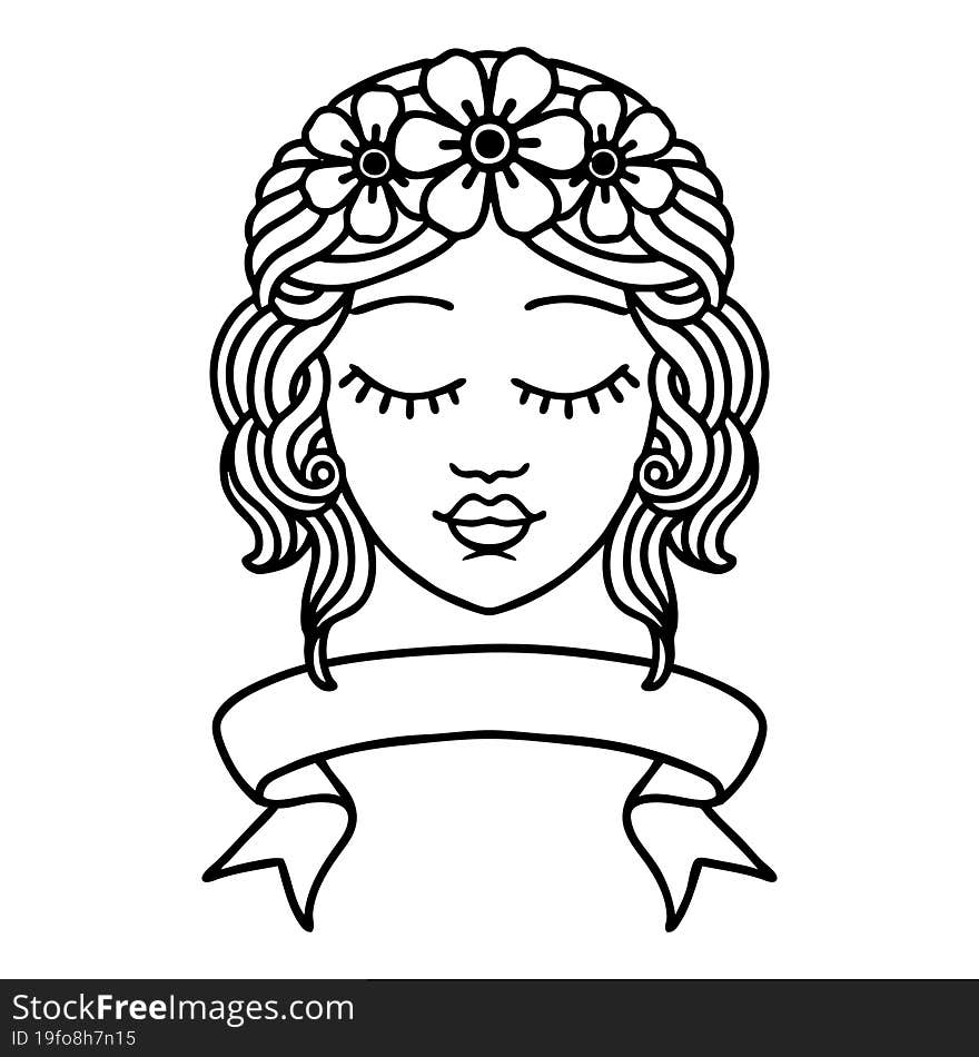 black linework tattoo with banner of female face with eyes closed