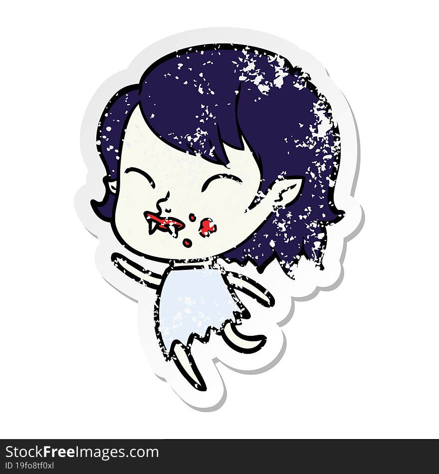 Distressed Sticker Of A Cartoon Vampire Girl With Blood On Cheek