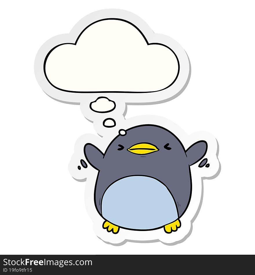 cute cartoon flapping penguin and thought bubble as a printed sticker