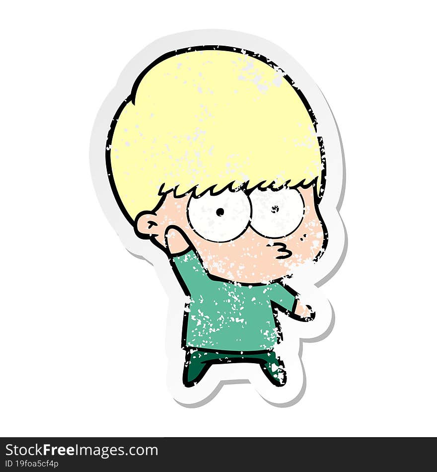 distressed sticker of a nervous cartoon boy waving