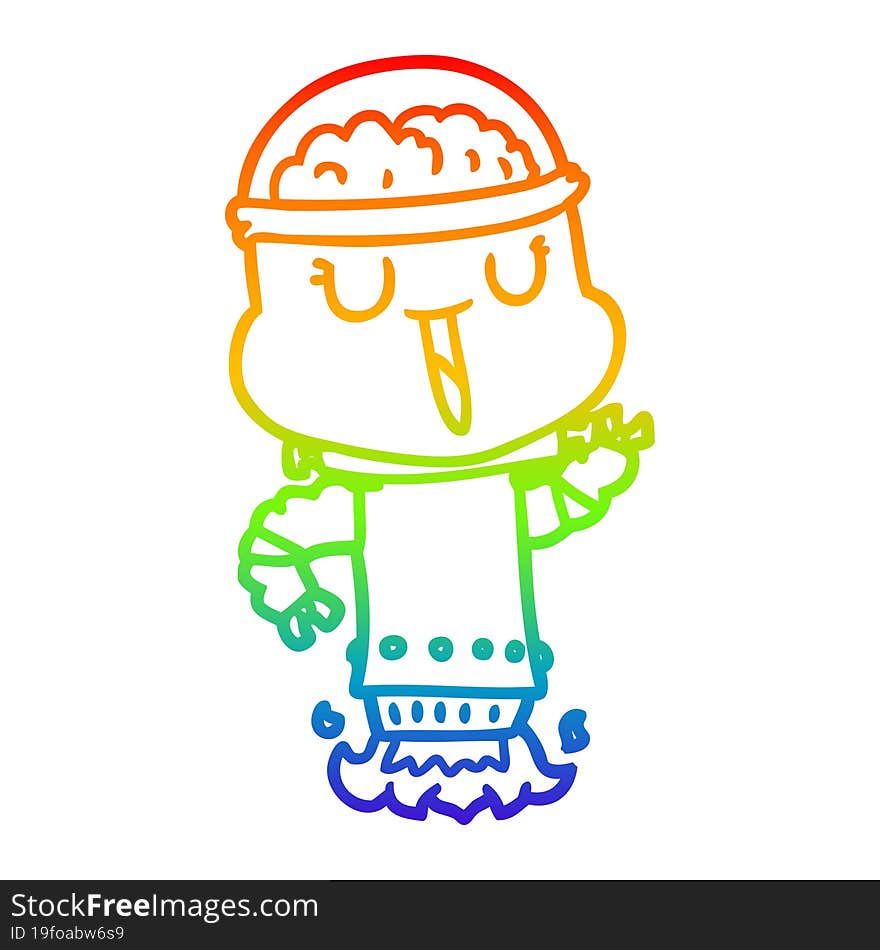 rainbow gradient line drawing of a happy cartoon robot flying