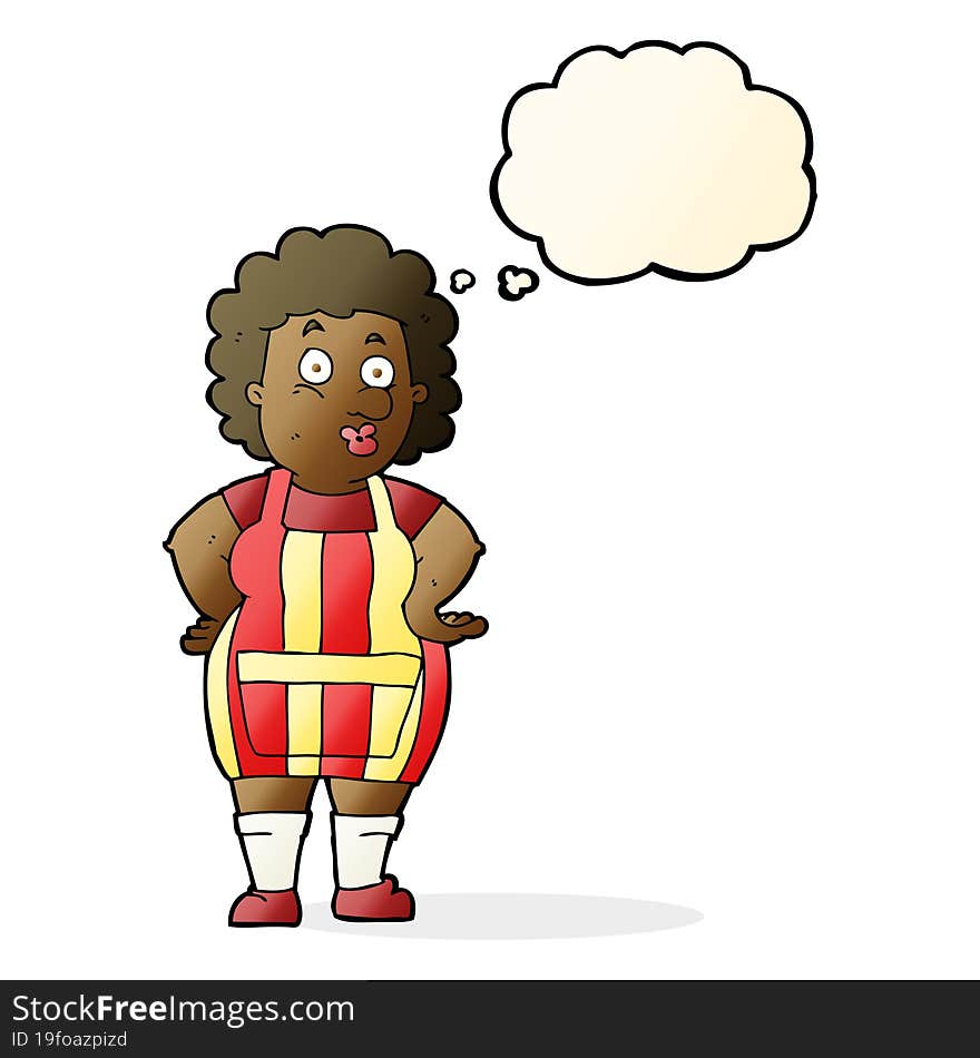 cartoon woman in kitchen apron with thought bubble