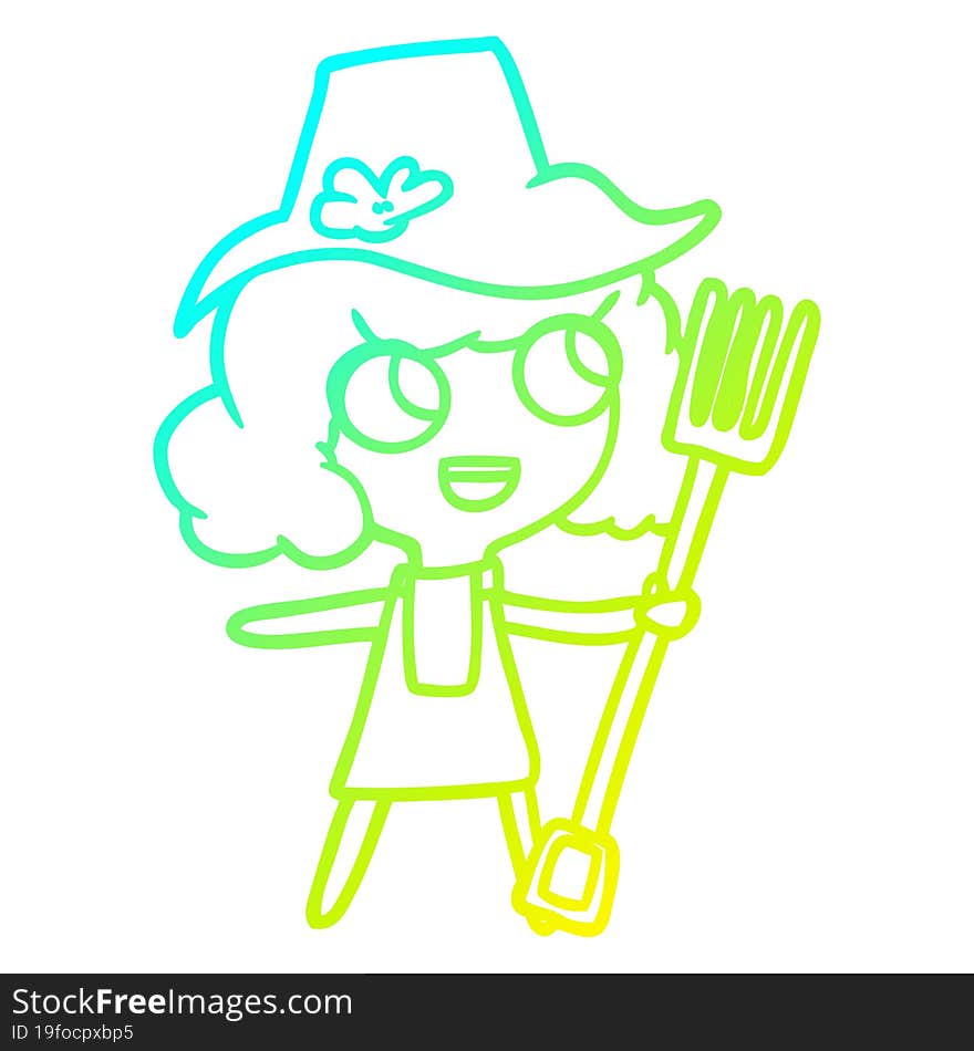 cold gradient line drawing of a cartoon farmer girl with fork