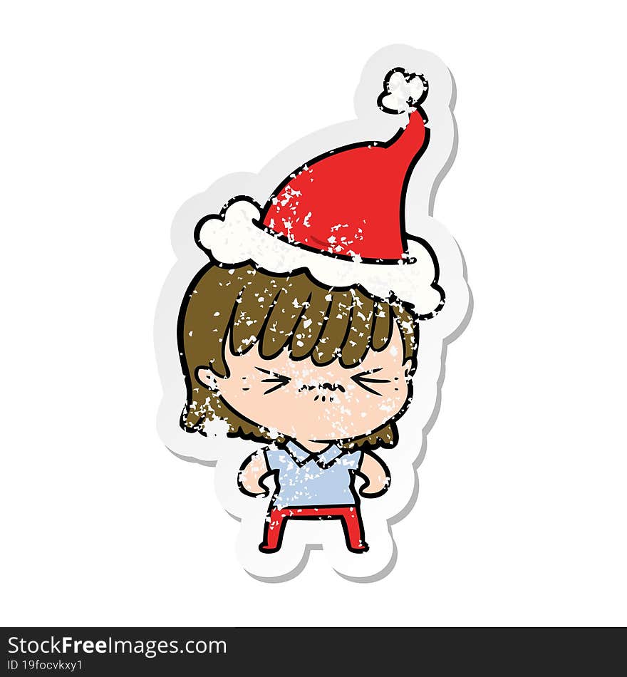 Annoyed Distressed Sticker Cartoon Of A Girl Wearing Santa Hat