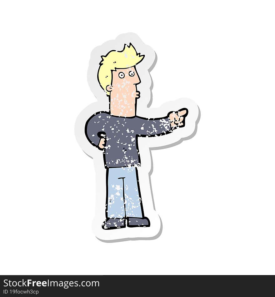 retro distressed sticker of a cartoon curious man pointing