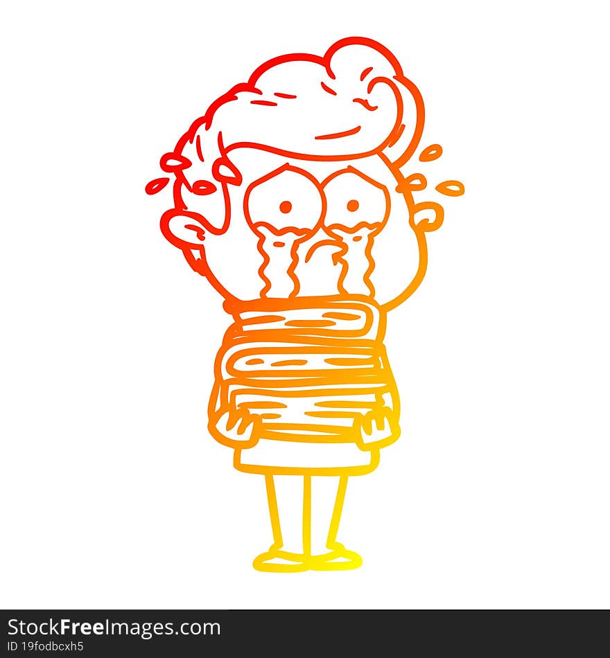 Warm Gradient Line Drawing Cartoon Crying Student With Stack Of Books