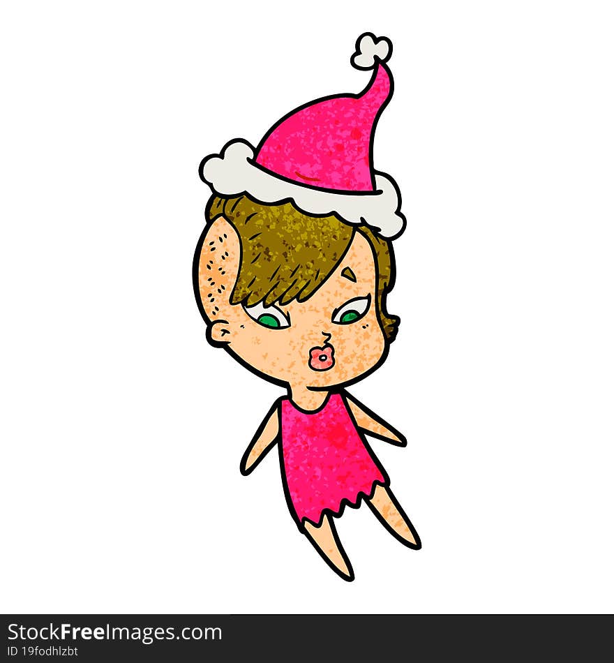 textured cartoon of a surprised girl wearing santa hat