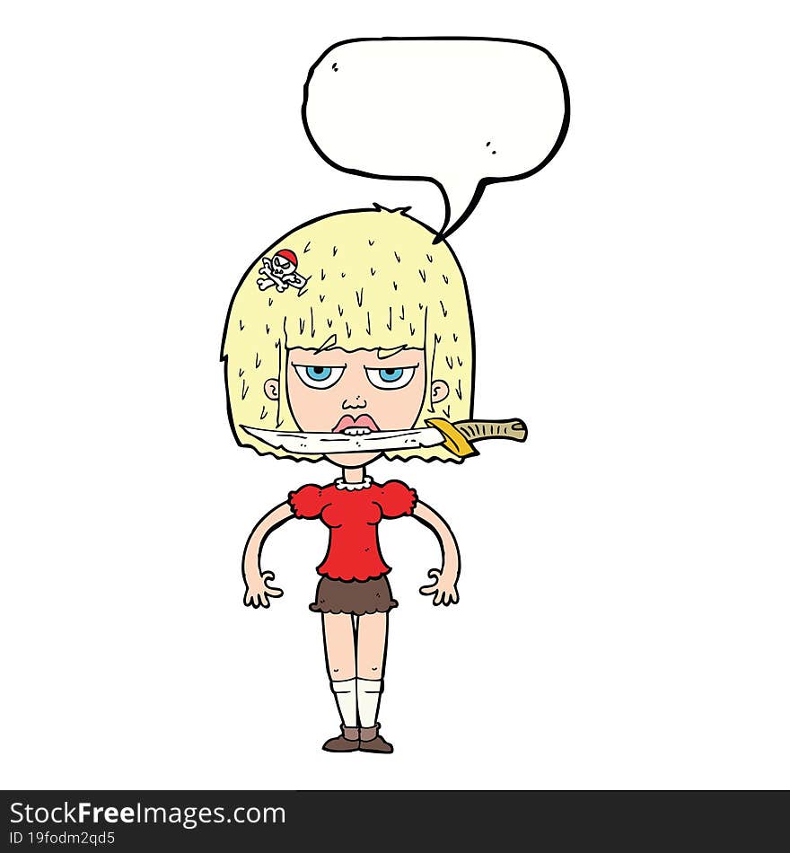 cartoon woman with knife between teeth with speech bubble