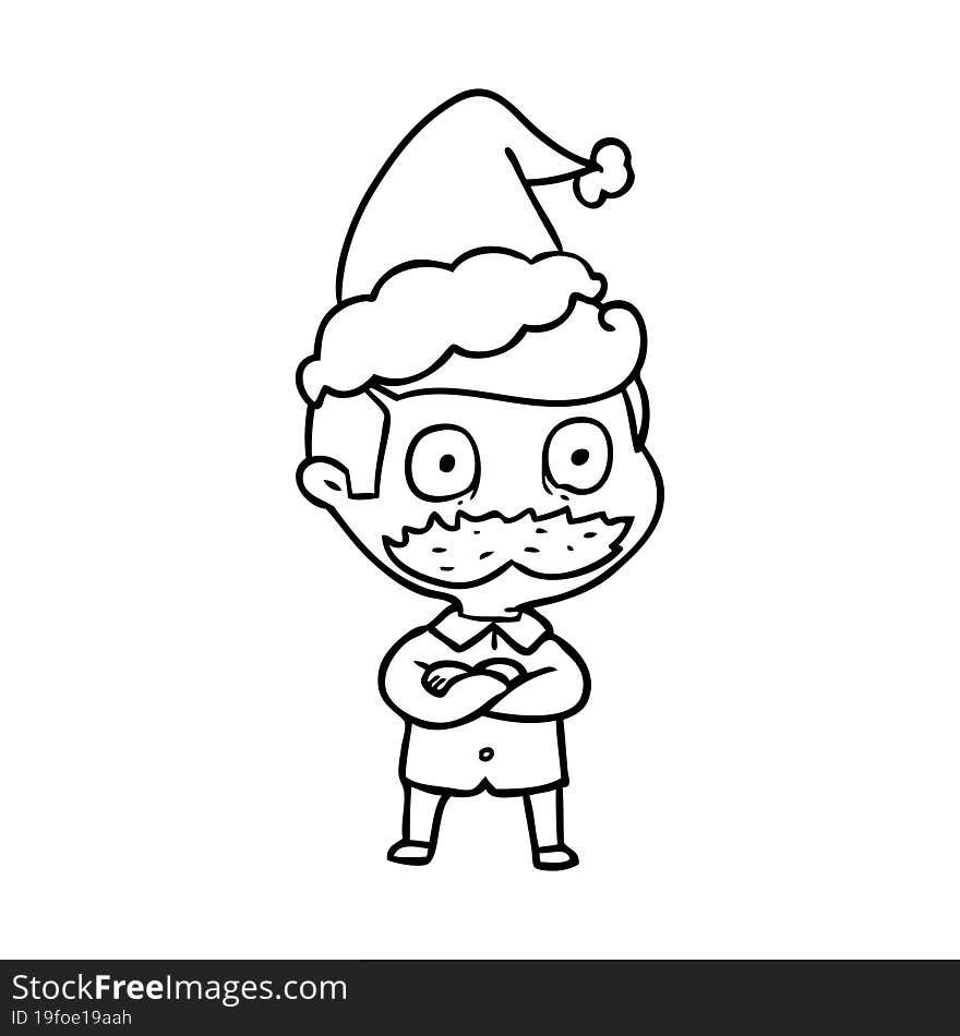 Line Drawing Of A Man With Mustache Shocked Wearing Santa Hat