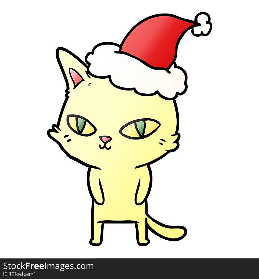 Gradient Cartoon Of A Cat With Bright Eyes Wearing Santa Hat