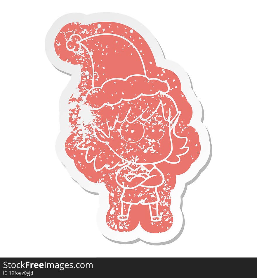 cartoon distressed sticker of a elf girl staring wearing santa hat