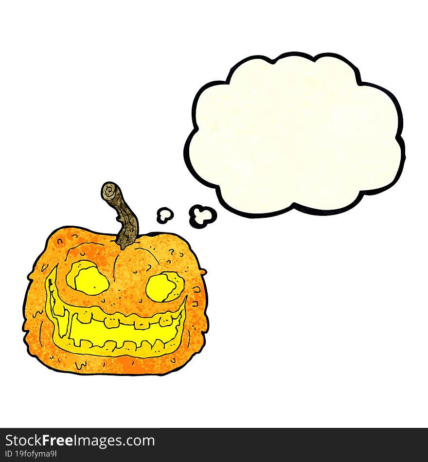 cartoon spooky pumpkin with thought bubble