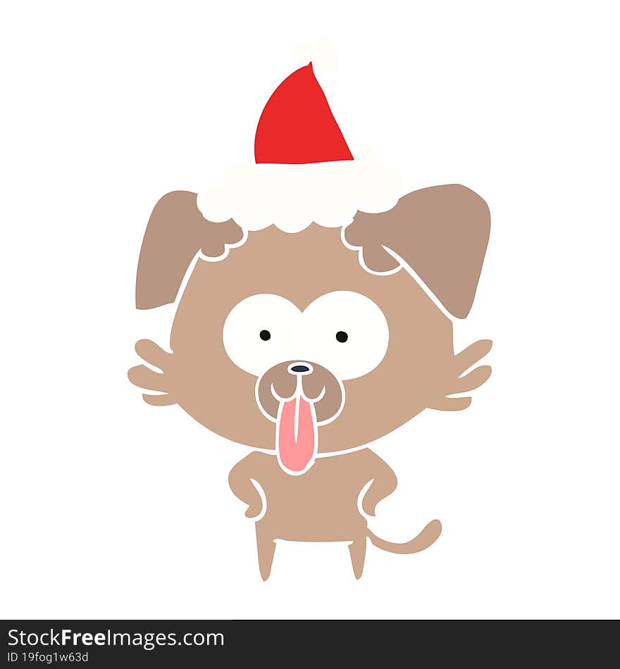 Flat Color Illustration Of A Dog With Tongue Sticking Out Wearing Santa Hat