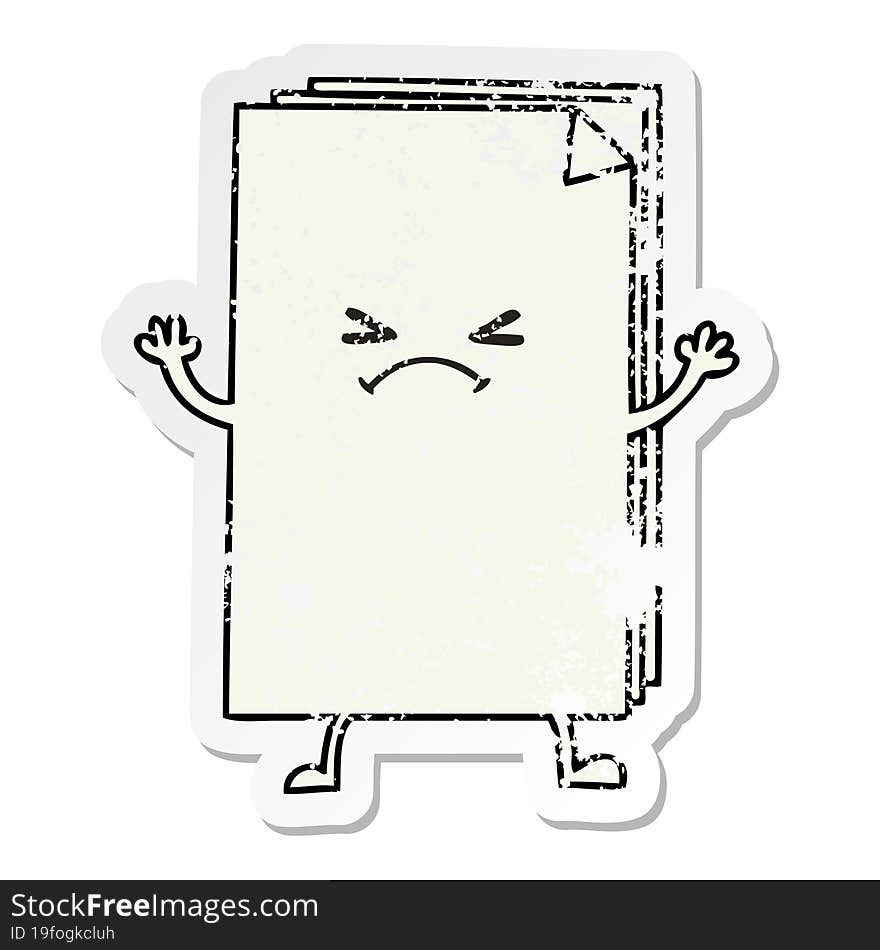 distressed sticker of a quirky hand drawn cartoon cross paper stack