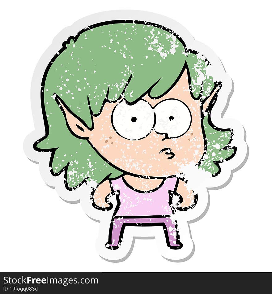 distressed sticker of a cartoon elf girl staring