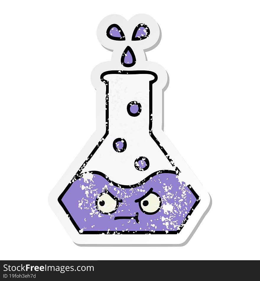 distressed sticker of a cute cartoon science beaker