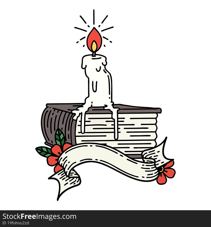 banner with tattoo style candle melting on book