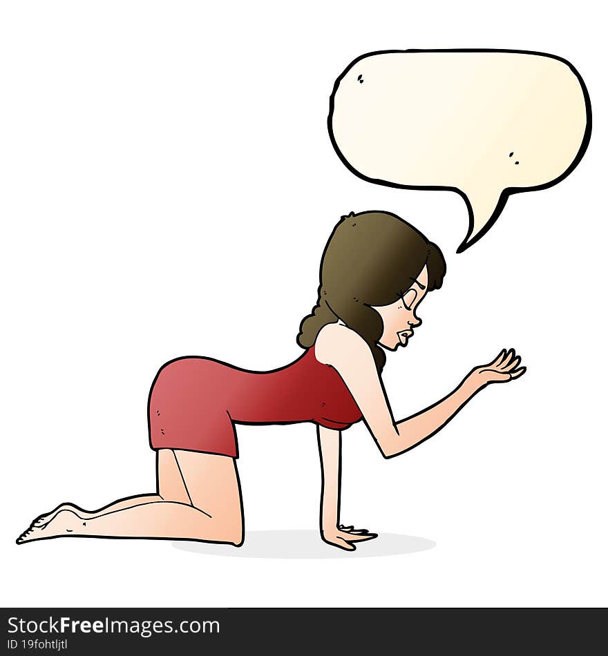 cartoon woman on all fours with speech bubble