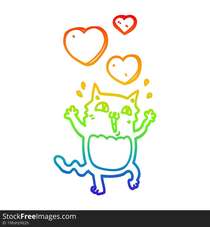 rainbow gradient line drawing of a cartoon cat crazy in love