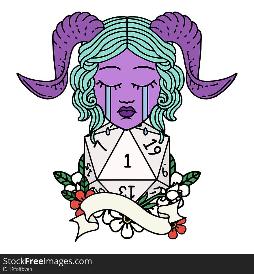 Retro Tattoo Style crying tiefling with natural one D20 roll. Retro Tattoo Style crying tiefling with natural one D20 roll