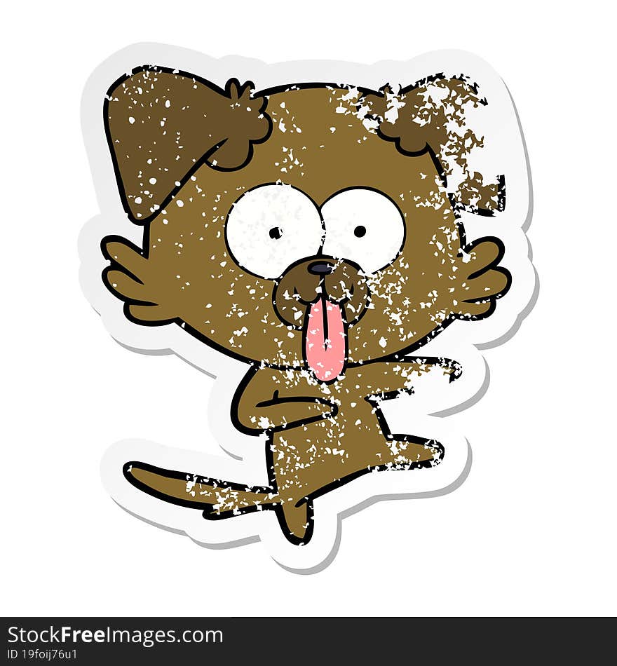 distressed sticker of a cartoon dog with tongue sticking out