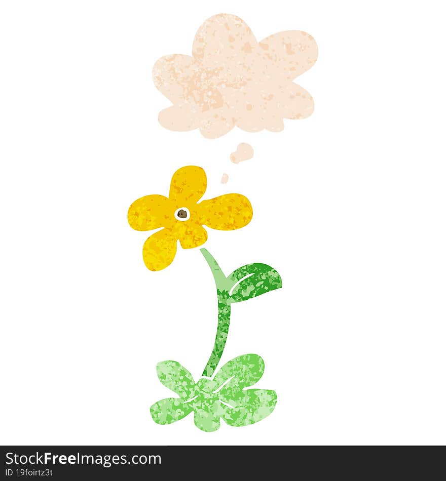 cartoon flower and thought bubble in retro textured style