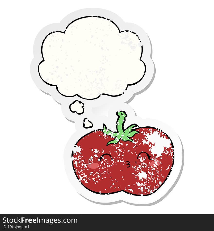 cartoon tomato and thought bubble as a distressed worn sticker