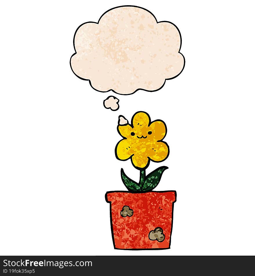 cartoon house plant and thought bubble in grunge texture pattern style