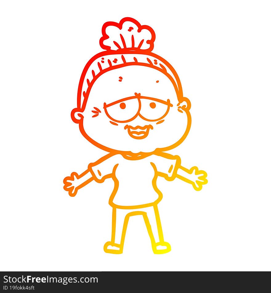 warm gradient line drawing of a cartoon happy old lady