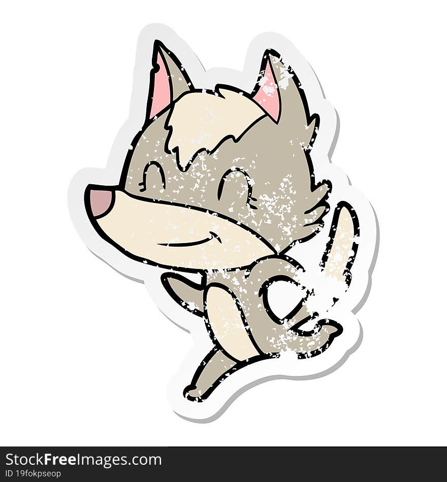 distressed sticker of a friendly cartoon wolf running