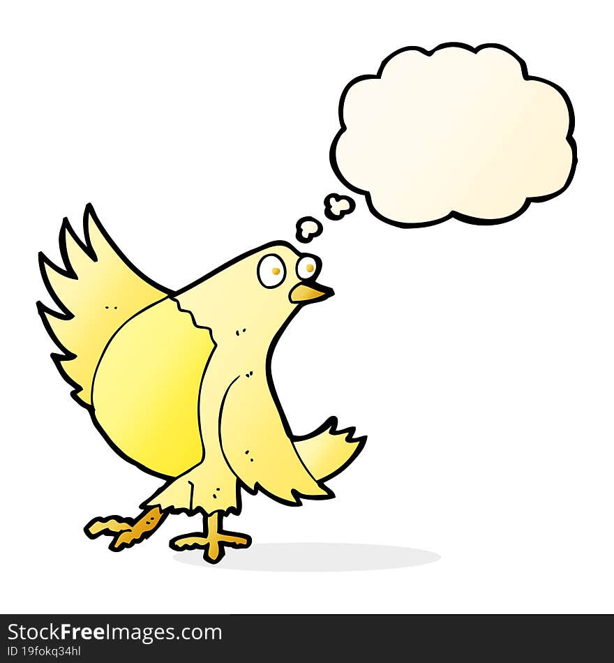 cartoon dancing bird with thought bubble