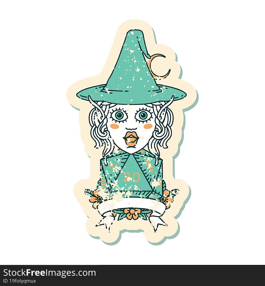 elf mage character with natural twenty dice roll illustration