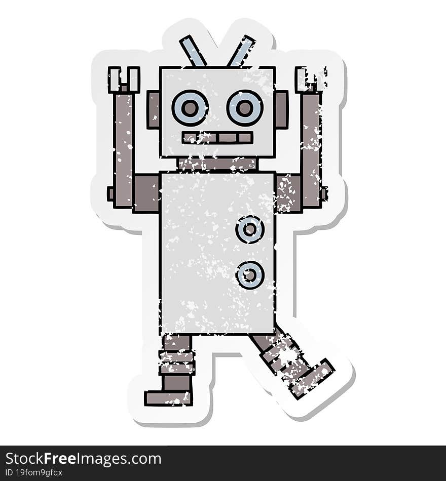 Distressed Sticker Of A Cute Cartoon Dancing Robot