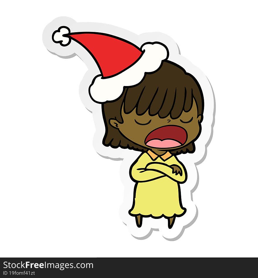 sticker cartoon of a woman talking loudly wearing santa hat