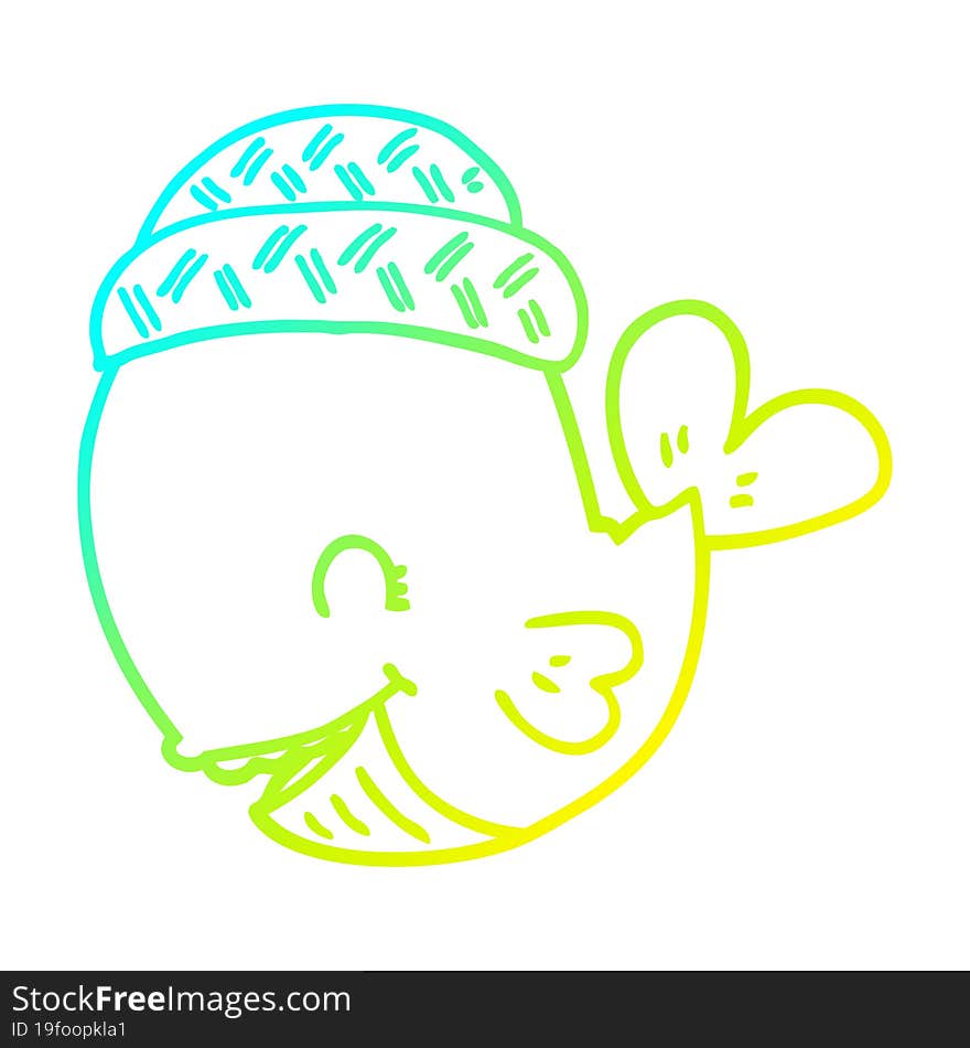 cold gradient line drawing cartoon whale wearing hat