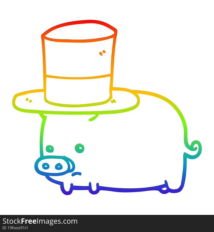 rainbow gradient line drawing cartoon pig wearing top hat